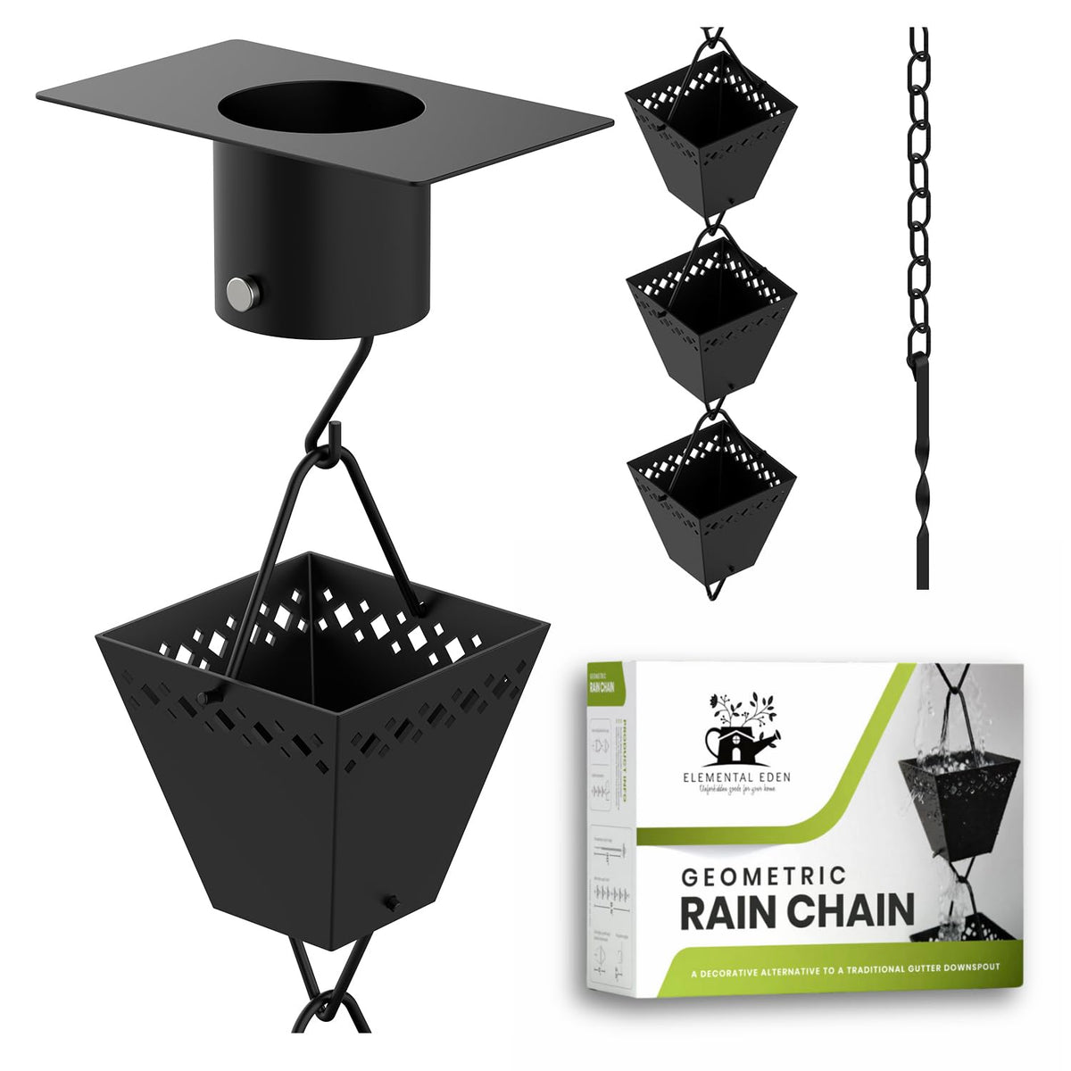 Elemental Eden rain chain kit cups for smooth water flow and splash reduction