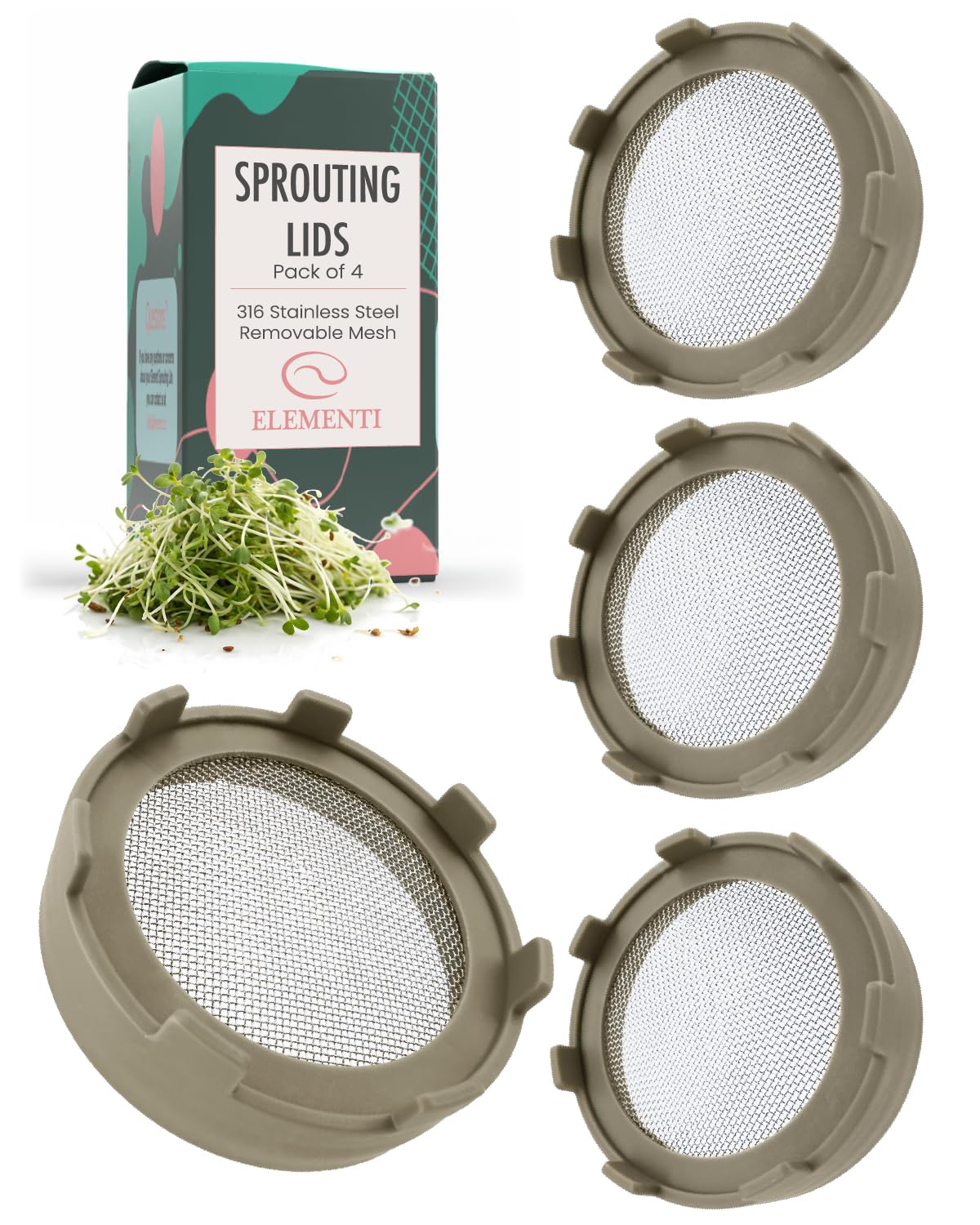 Elementi Sprouting Lids on wide-mouth jar for easy home sprouting