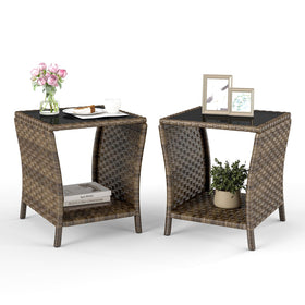 Elepude outdoor wicker side table with glass top, durable for patio entertaining and easy cleaning.