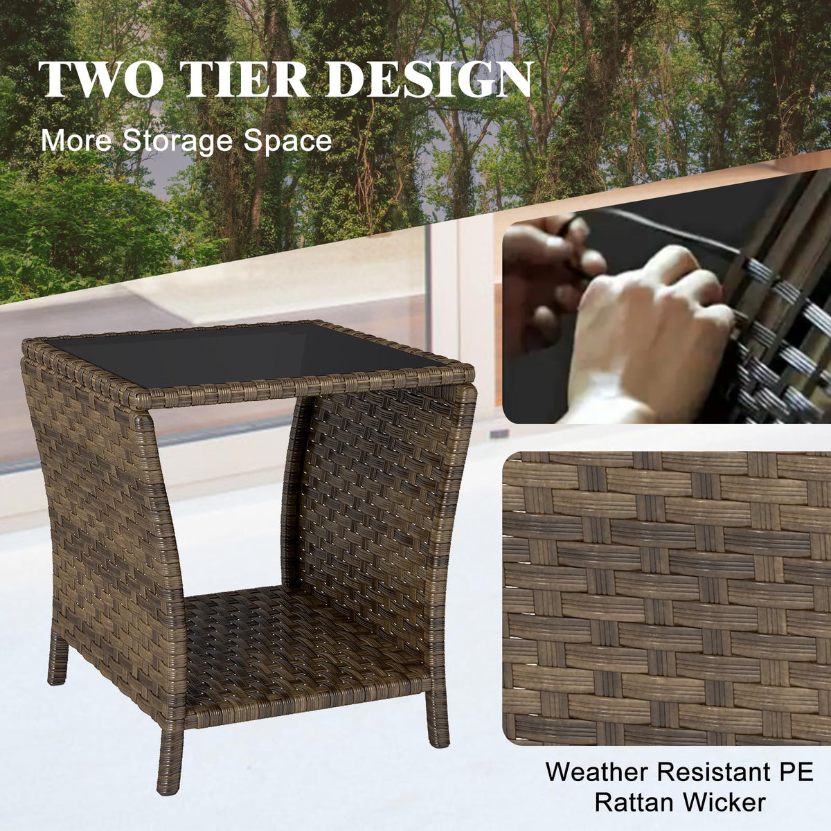 Elepude patio side table with removable tempered glass top, simple to wipe down.