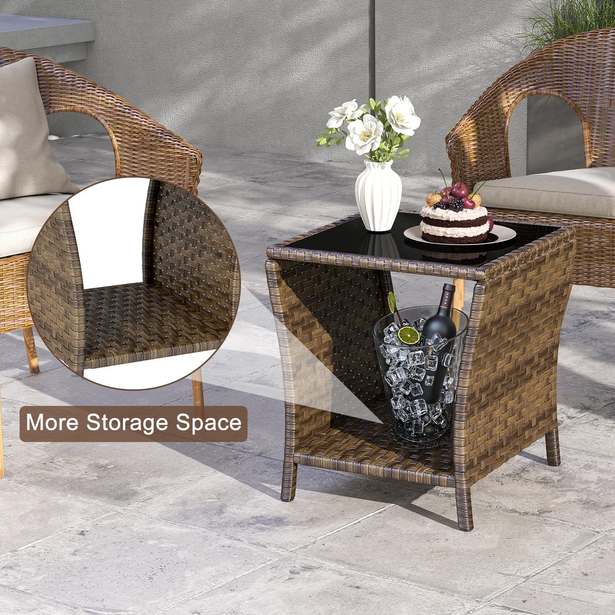Elepude rattan end table with bottom storage shelf, ideal for magazines and remotes.