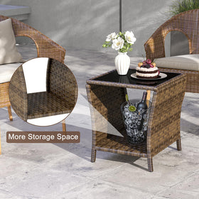 Elepude rattan end table with bottom storage shelf, ideal for magazines and remotes.