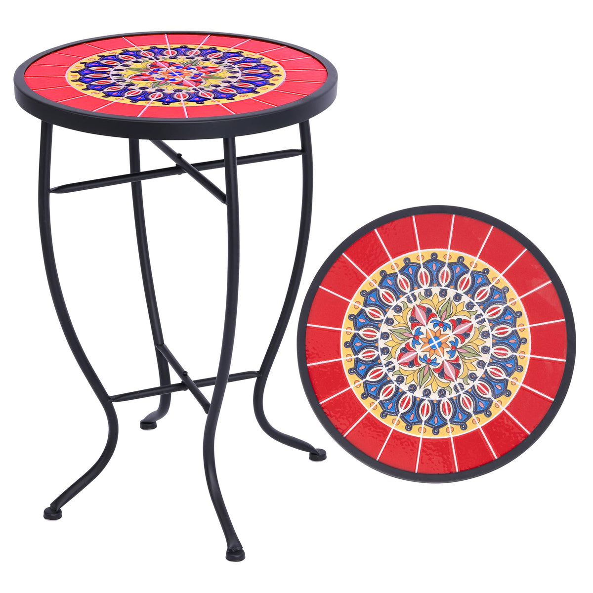 Elevon 14-inch round tile-top table beside sunlit patio chairs for beverages.