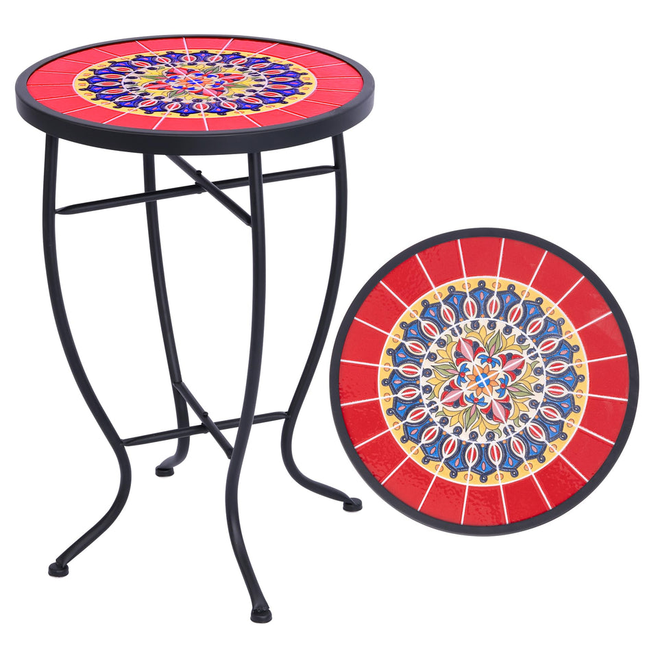 Elevon 14-inch round tile-top table beside sunlit patio chairs for beverages.