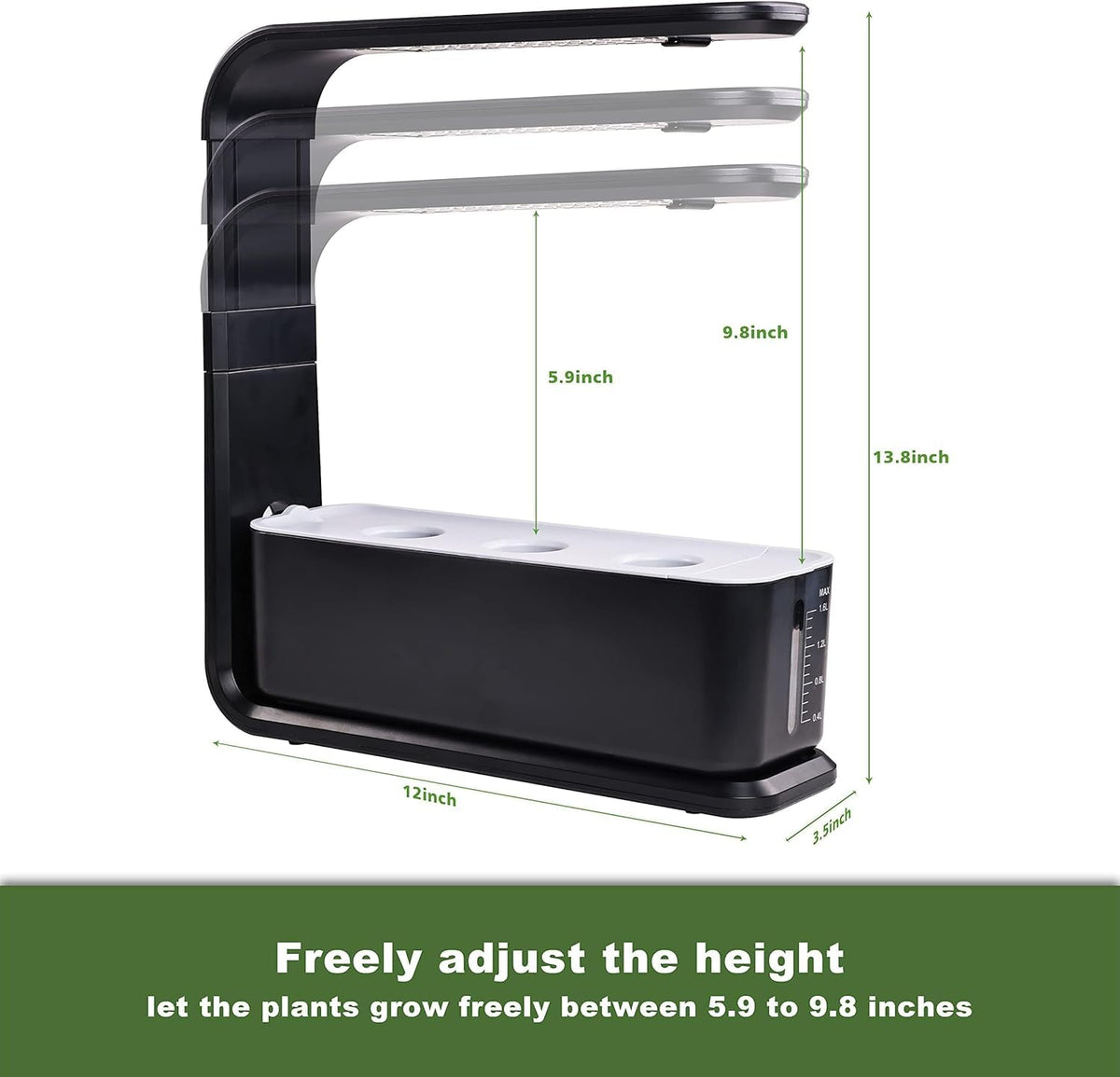 Elevon height-adjustable stand demonstrates flexible positioning for seedlings.