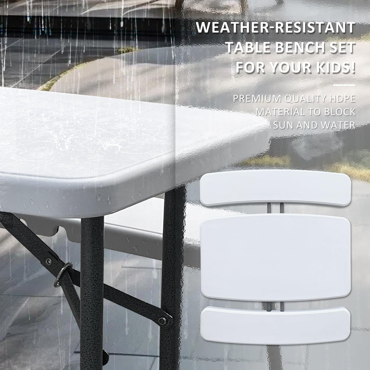 Elevon kids folding picnic table bench extension in use outdoors.