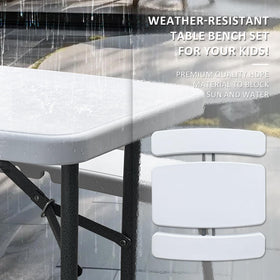 Elevon kids folding picnic table bench extension in use outdoors.