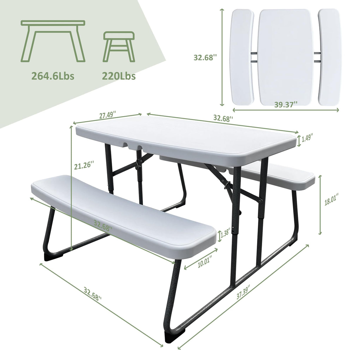 Elevon kids folding picnic table dimensions 32.68 x 37.39 x 21.26 inches.
