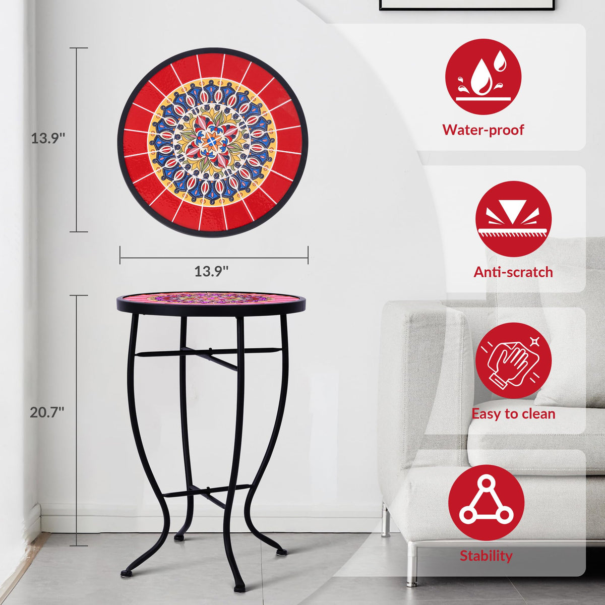 Elevon round side table with curved legs offers stable support on decks.