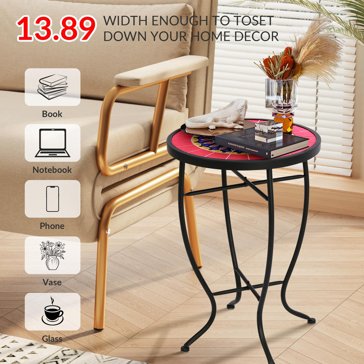 Elevon tile-top accent table adds artistic charm to any balcony or porch.