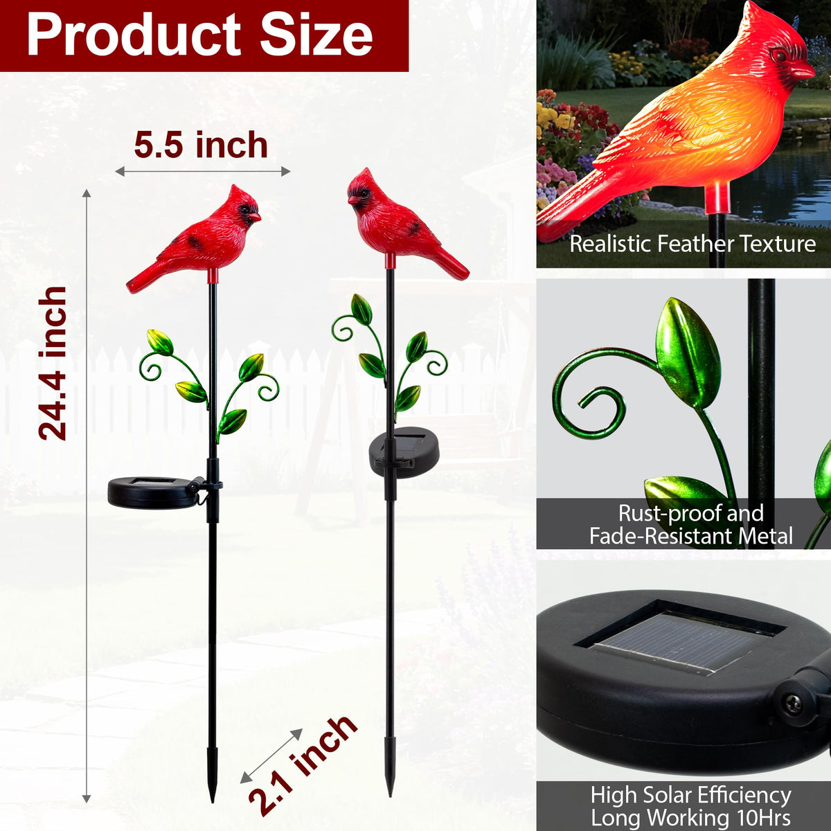 Elfengarden cardinal garden light stake detail feathers showcasing craftsmanship