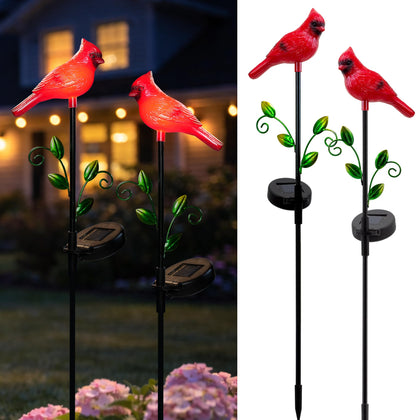 Elfengarden cardinal garden light stake front view glowing at dusk for outdoor charm