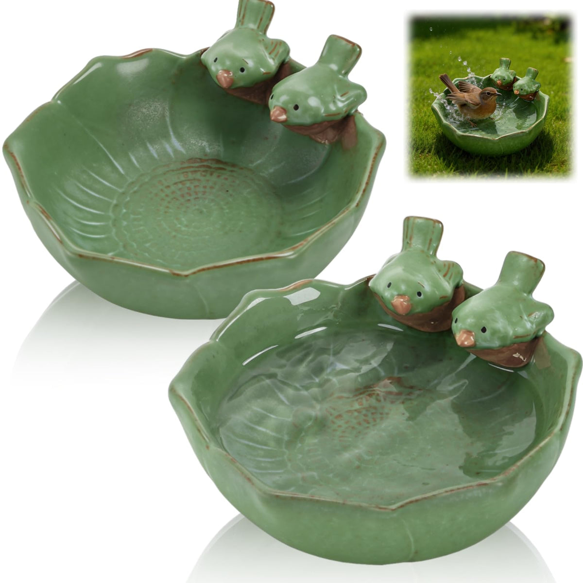 ELFULLY ceramic bird bath 2-pack green for outdoor calm bird visits