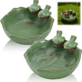 ELFULLY ceramic bird bath 2-pack green for outdoor calm bird visits
