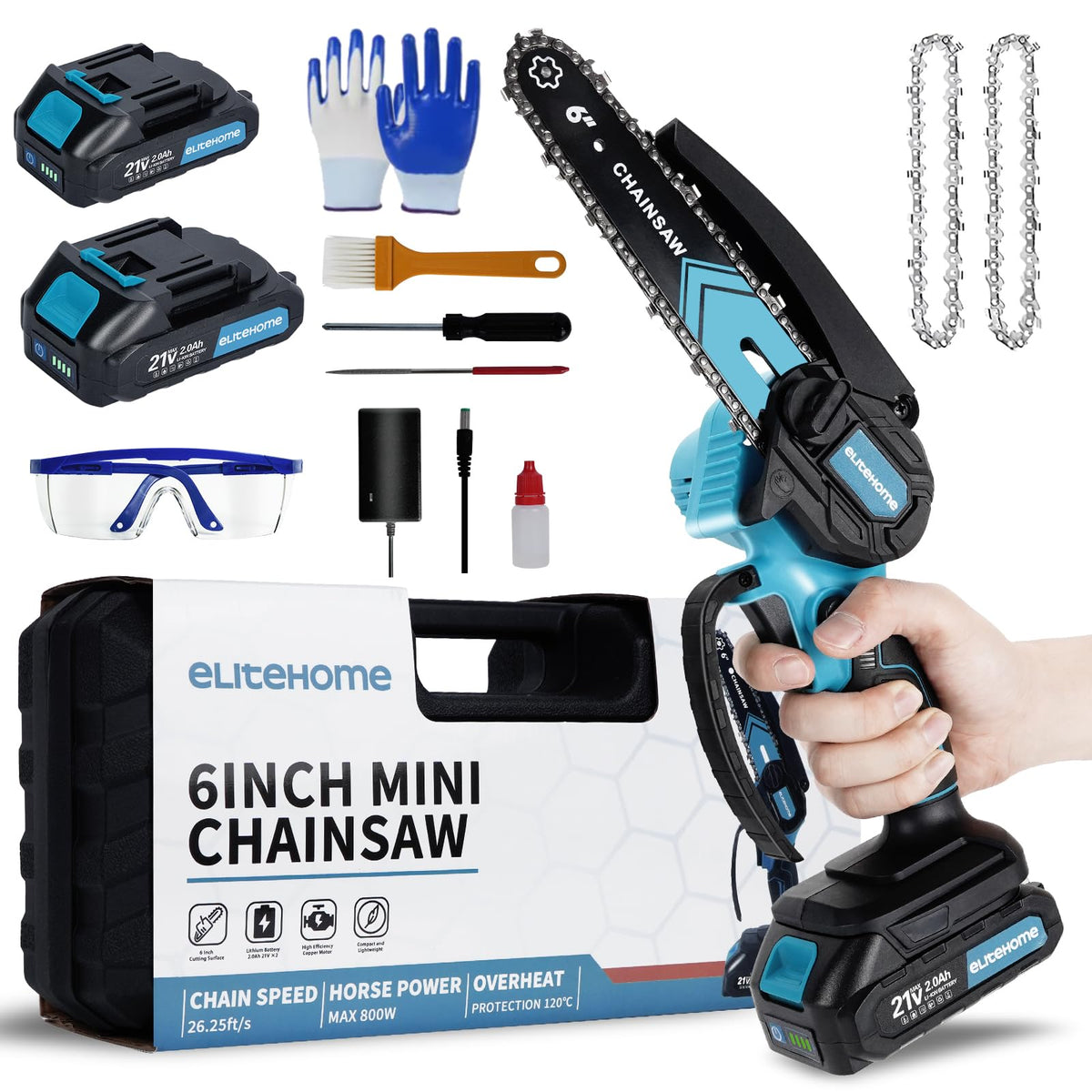 EliteHome mini chainsaw with 6in bar for precise garden cutting