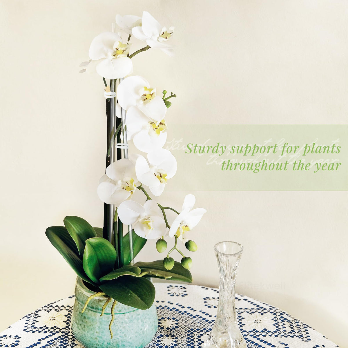 Elitekwell acrylic clear plant support stake blends with greenery.