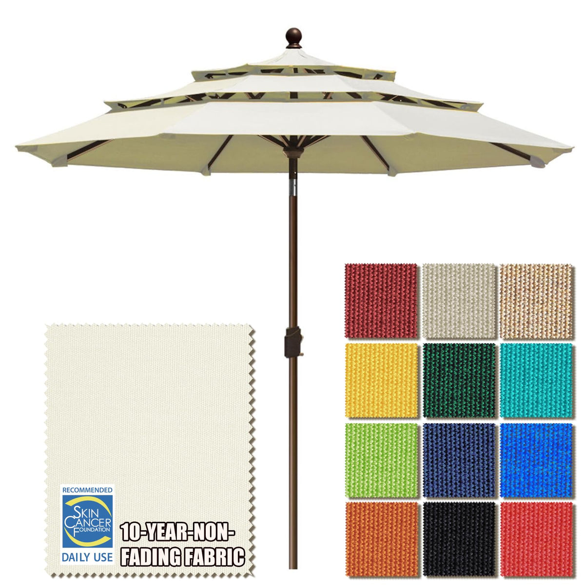 EliteShade 9ft 3-tier umbrella open for shaded outdoor dining.