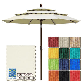 EliteShade 9ft 3-tier umbrella open for shaded outdoor dining.