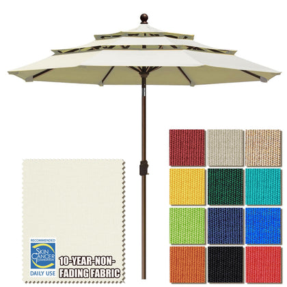 EliteShade 9ft 3-tier umbrella open for shaded outdoor dining.