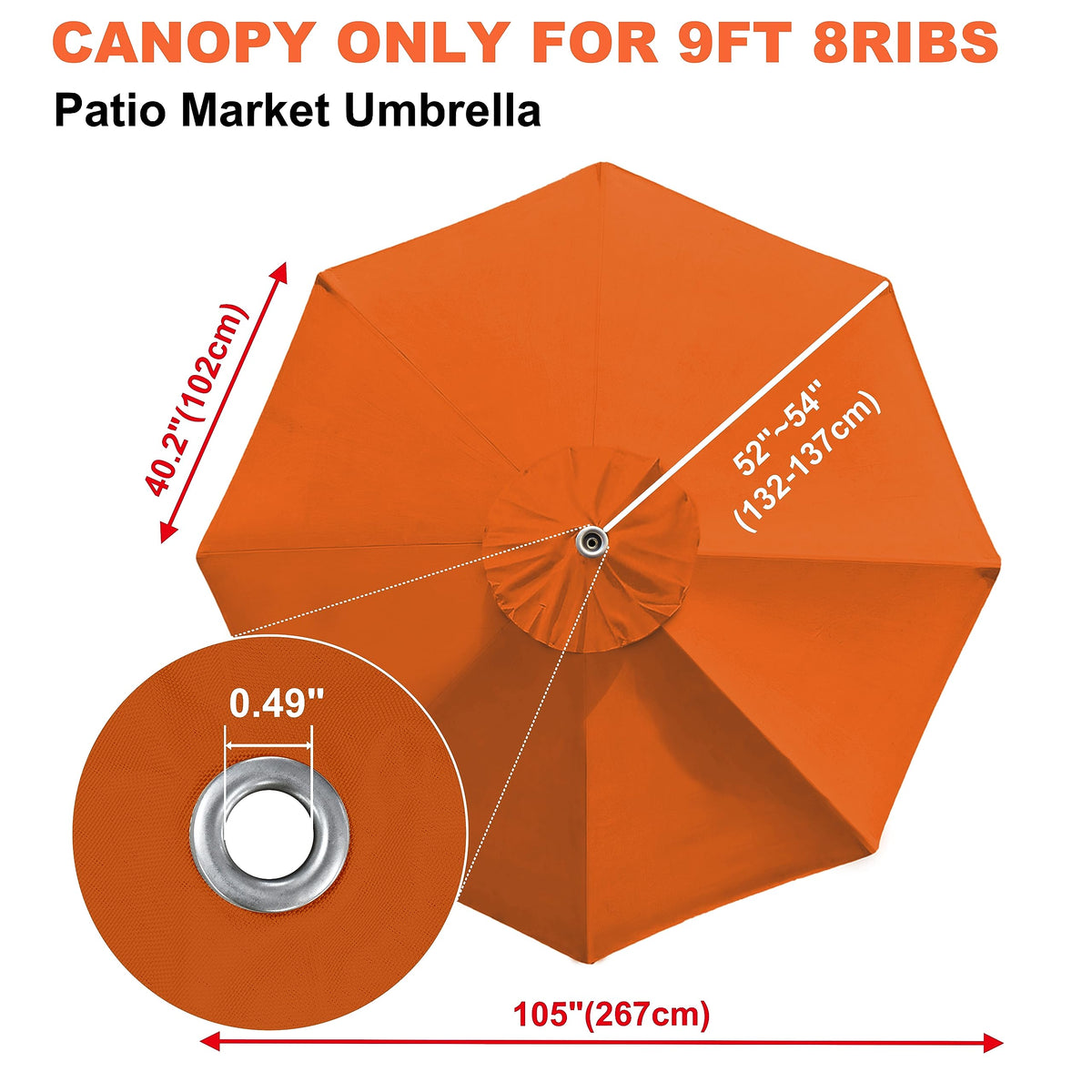 EliteShade orange canopy fits 9ft umbrella with 52–54 inch ribs
