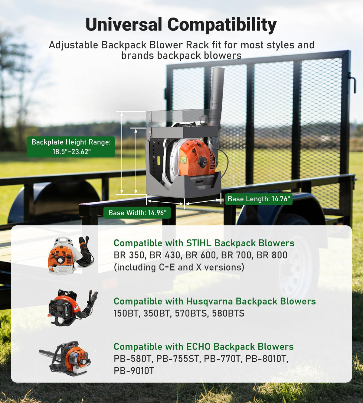 ELITEWILL blower rack compatibility with STIHL, Husqvarna, and Echo blowers