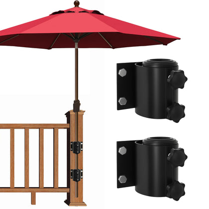 EliteShade deck umbrella mount front view highlighting sturdy aluminum build for railing use.