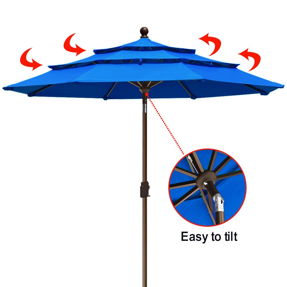 EliteShade Royal Blue umbrella on patio setup ready for sunny days.