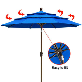 EliteShade Royal Blue umbrella on patio setup ready for sunny days.