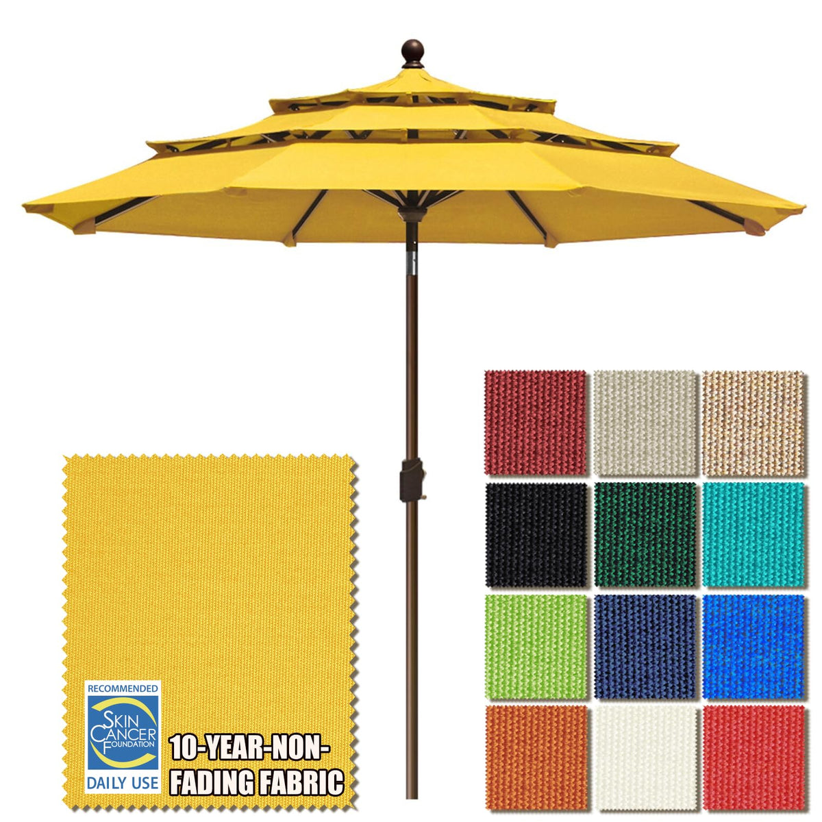EliteShade sunflower yellow 9ft umbrella shading a small outdoor seating area