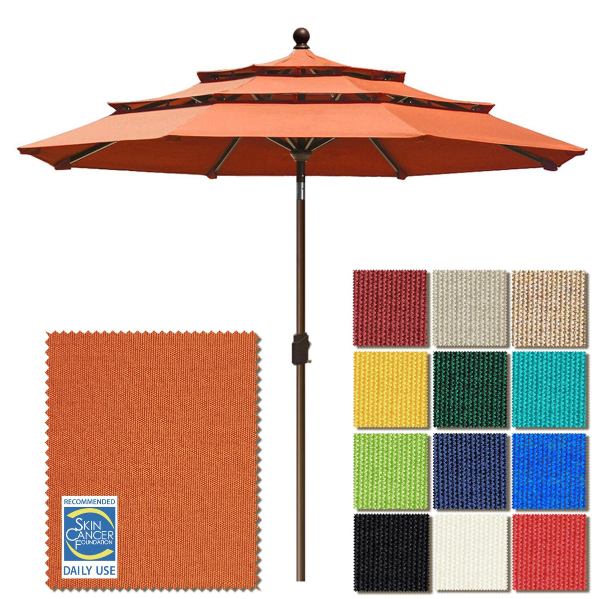 EliteShade USA 9ft 3-tier umbrella shows fadeproof color in bright sun.