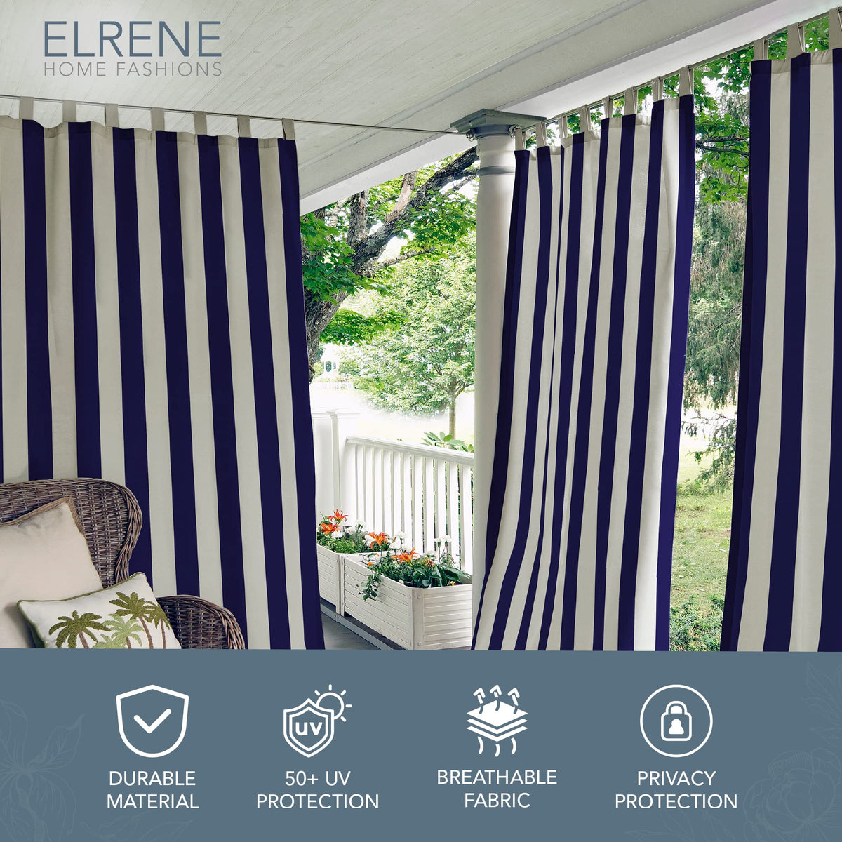Elrene Highland Stripe navy panel drape detail shows soft flow