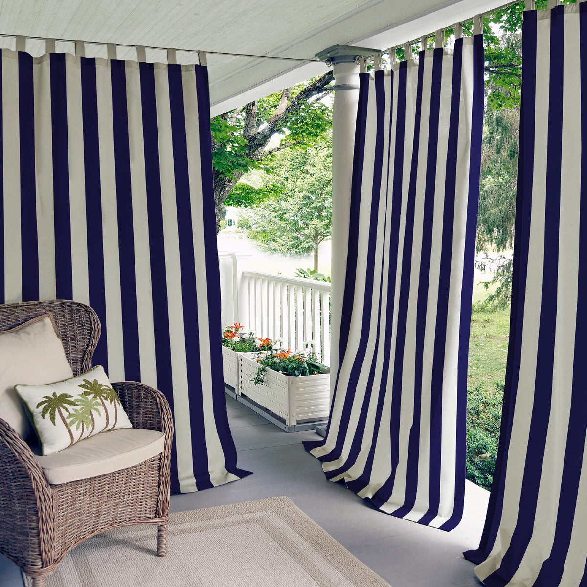 Elrene Highland Stripe curtain panel navy front view adds modern privacy