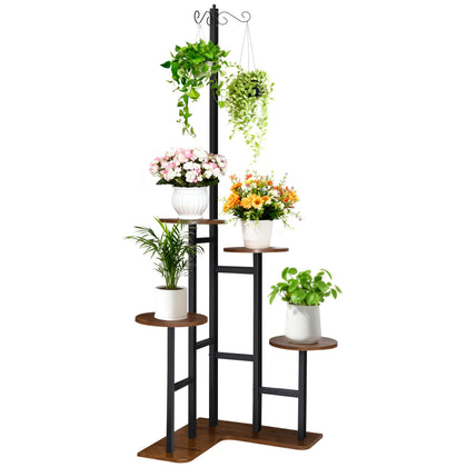 elwarmth Corner Plant Stand with two hanging hooks for trailing plants, saving floor space.