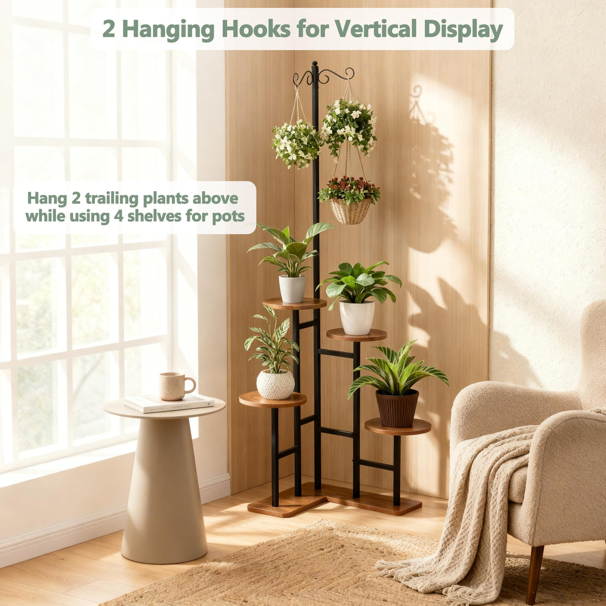 elwarmth Corner Plant Stand fits into corners to maximize small-space living.