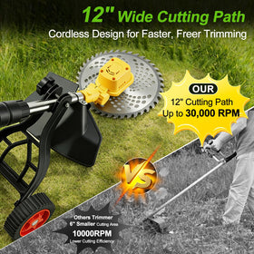 Embui weed wacker shows 12-inch cutting width covers more ground.
