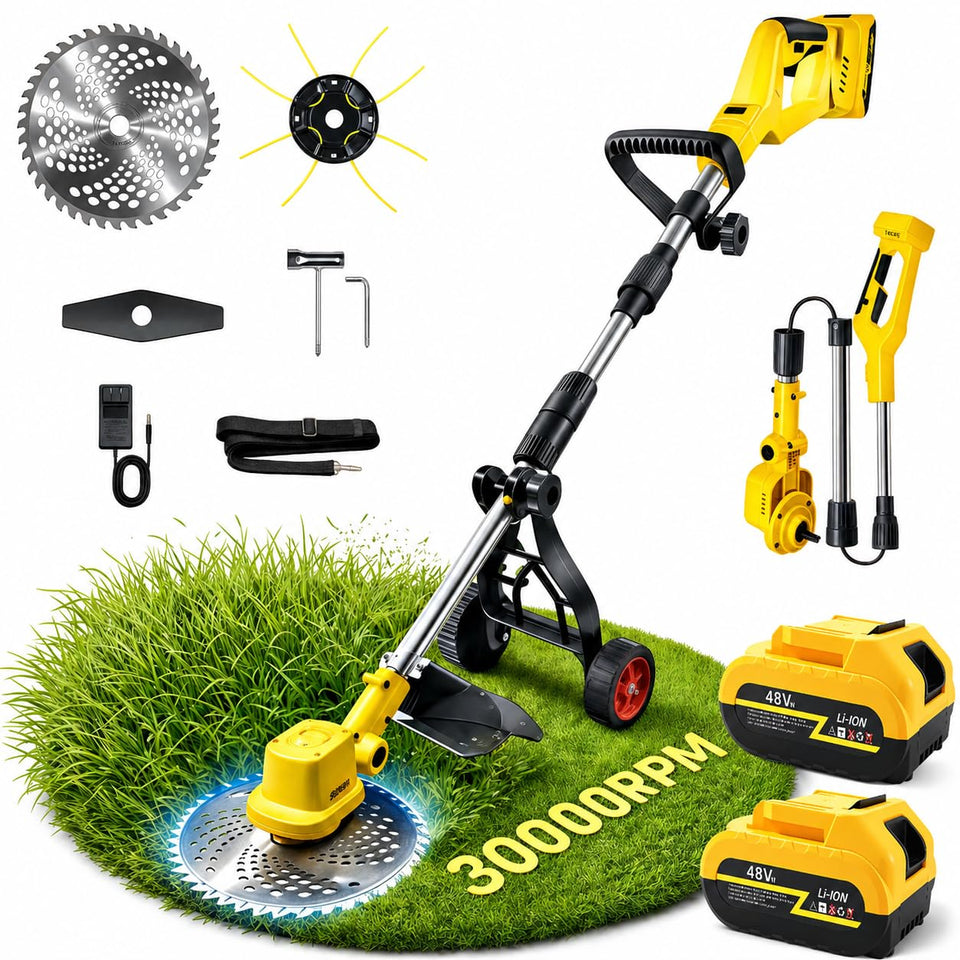 Embui weed wacker with wheels guides steady trimming along borders.