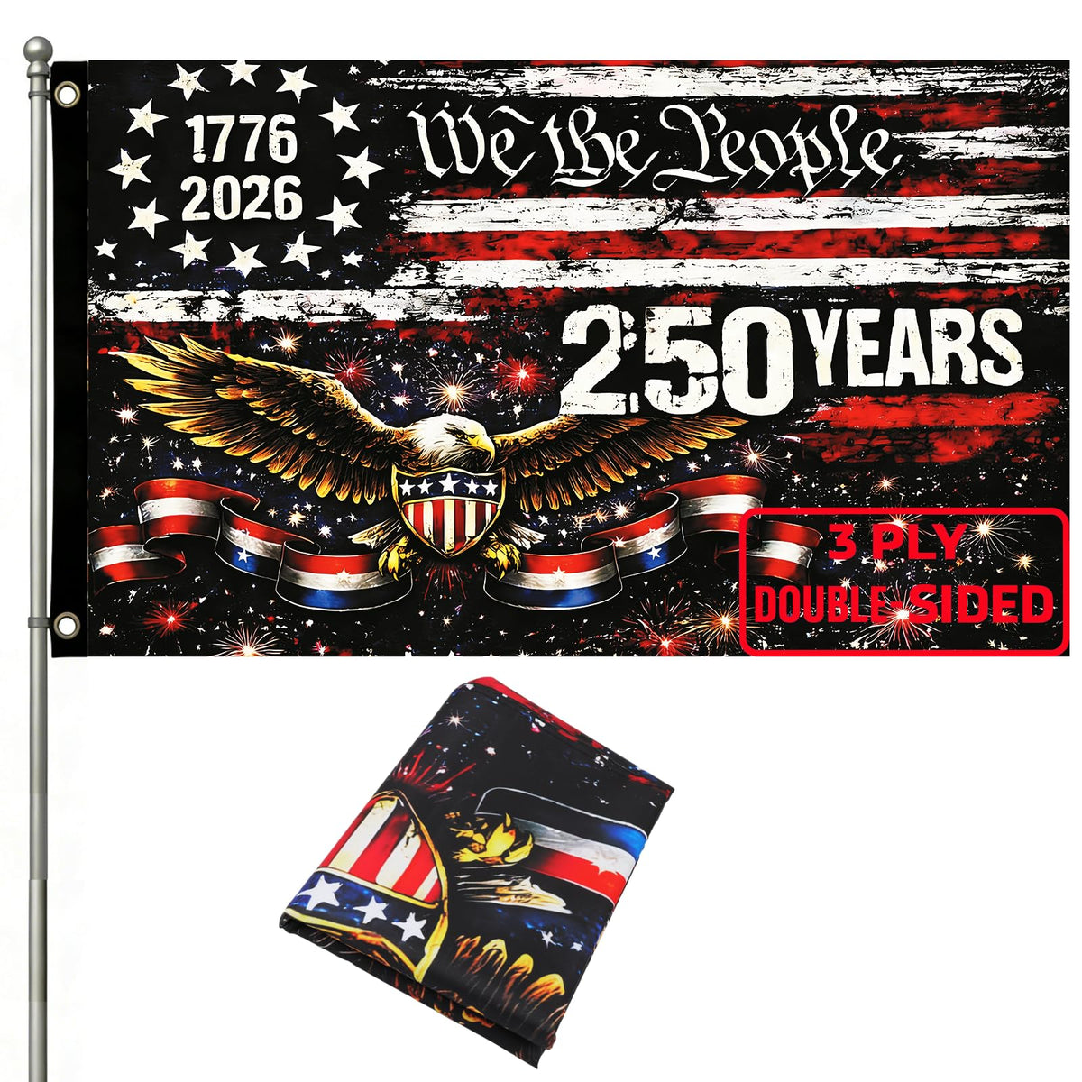 Emciba 250th anniversary flag front view, double-sided for outdoor display.