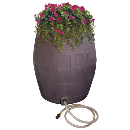 Emsco Group Rescue whiskey rain barrel with planter for growing plants and water savings.