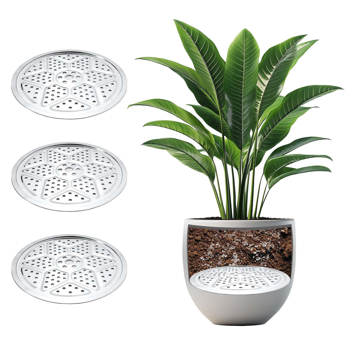 Emsiok 18-inch round planter insert in rust-free stainless steel inside a large pot