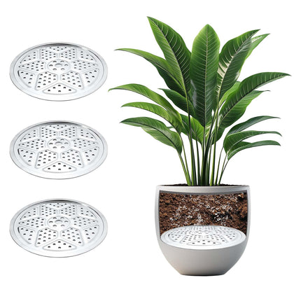 Emsiok 18-inch round planter insert in rust-free stainless steel inside a large pot