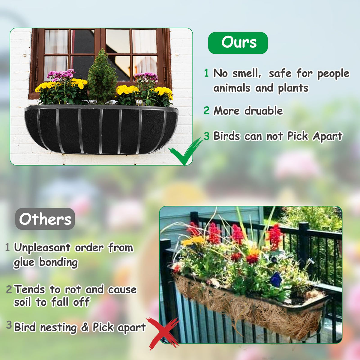 Emsiok hanging basket liner in garden promotes airflow for healthy roots.