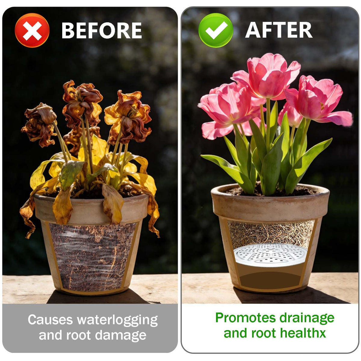 Emsiok planter insert with drainage holes reduces moisture build-up.