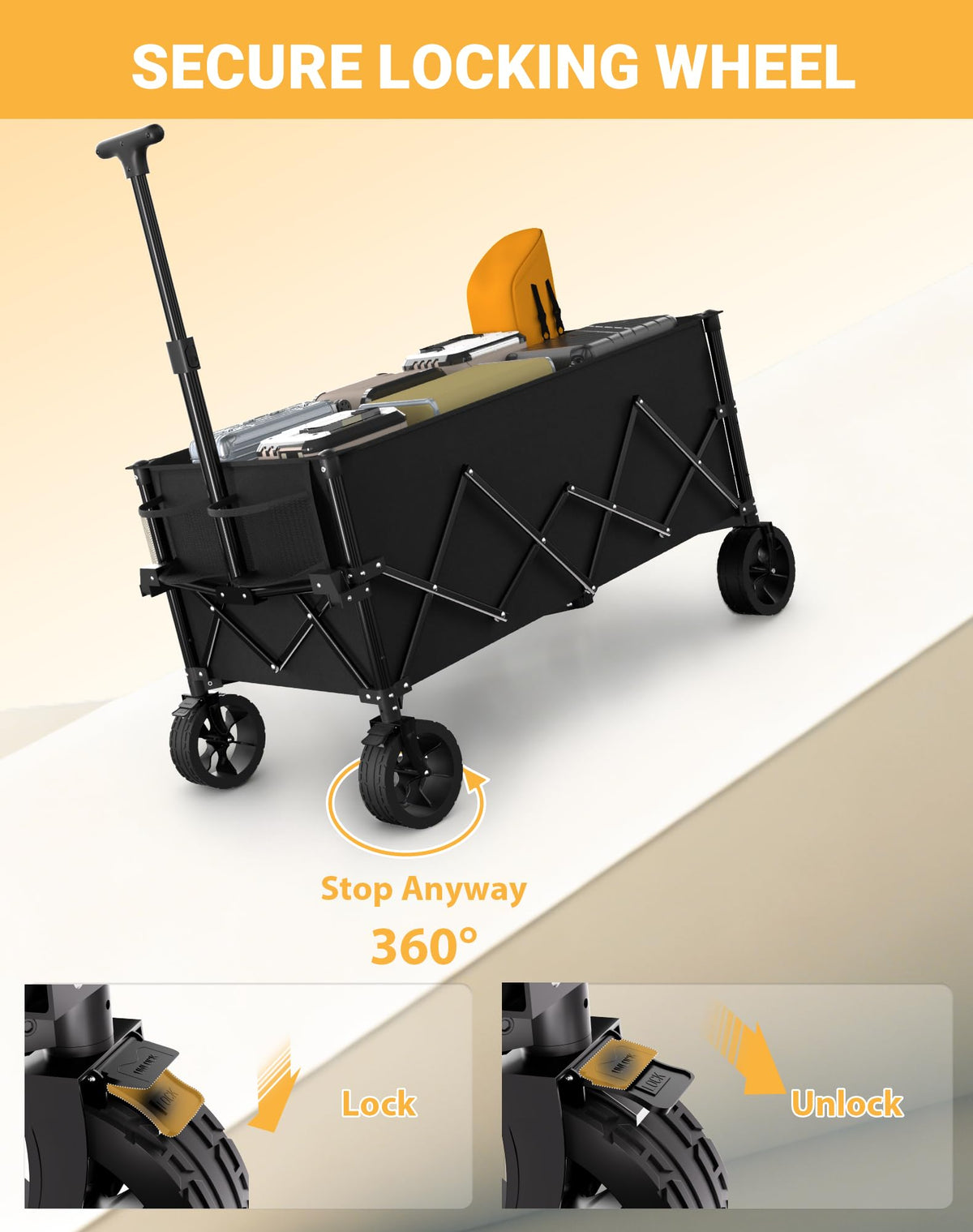 EMSLX wagon all-terrain-wheels glide over sand and grass with ease.