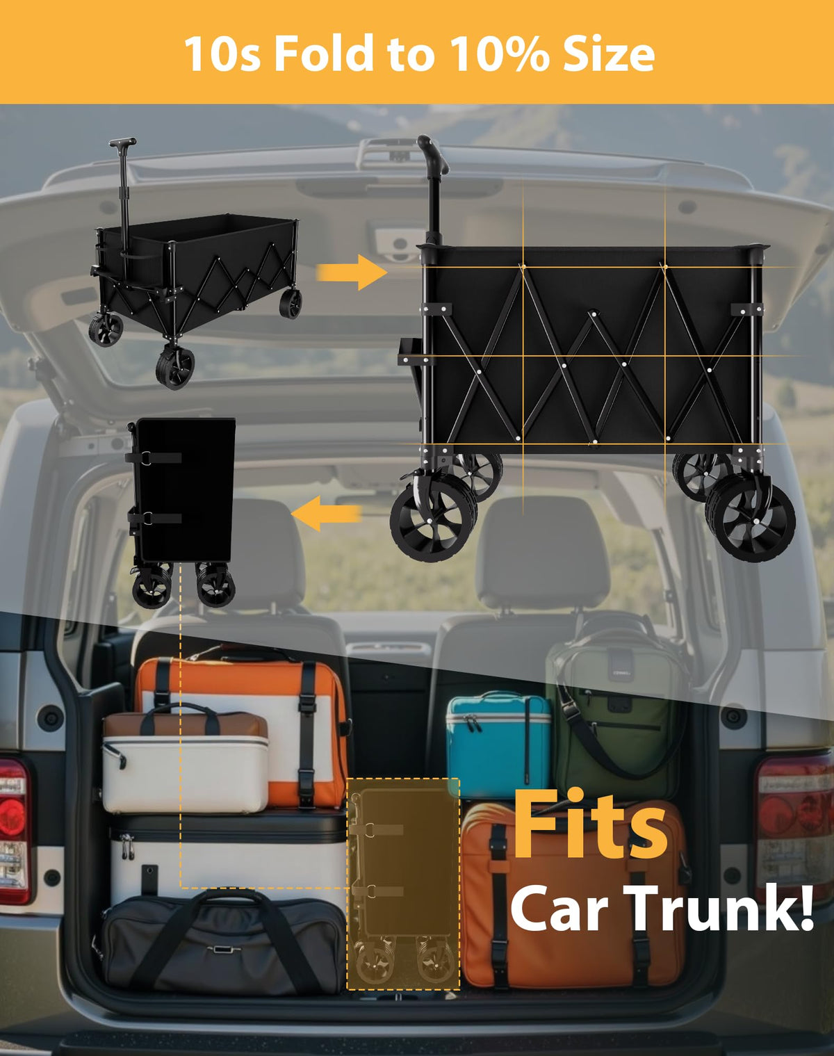 EMSLX wagon braked-wheels provide secure stops on slopes and sand.