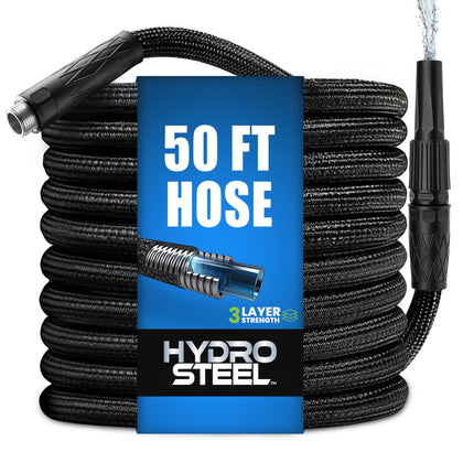 EMSON Hydrosteel 50ft hose coiled neatly for easy storage and quick use