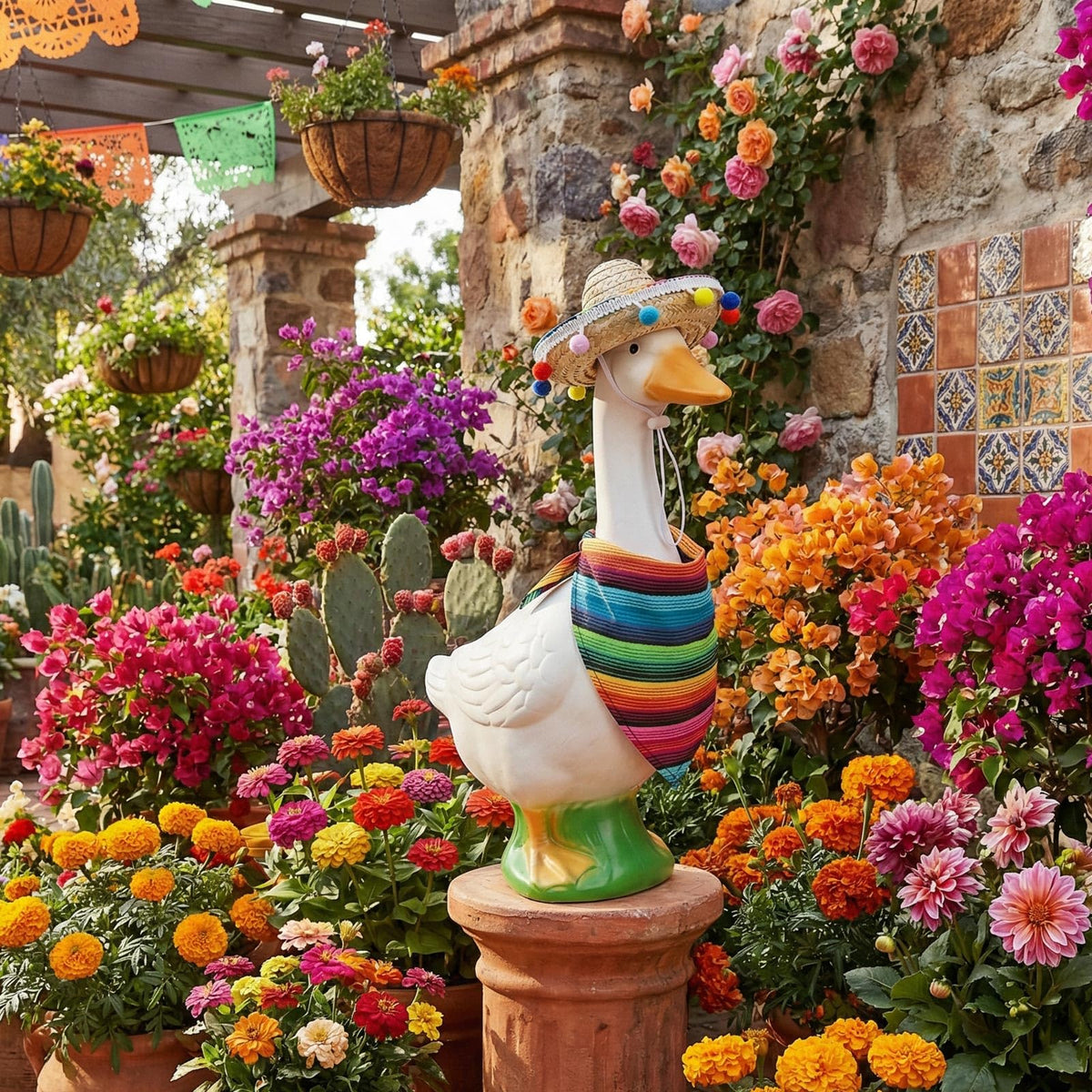 EMUTOL goose outfit shown on a 17-inch lawn goose statue