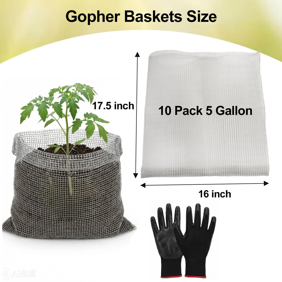 Emycool 5-gallon gopher baskets with clear dimensions for planning beds.