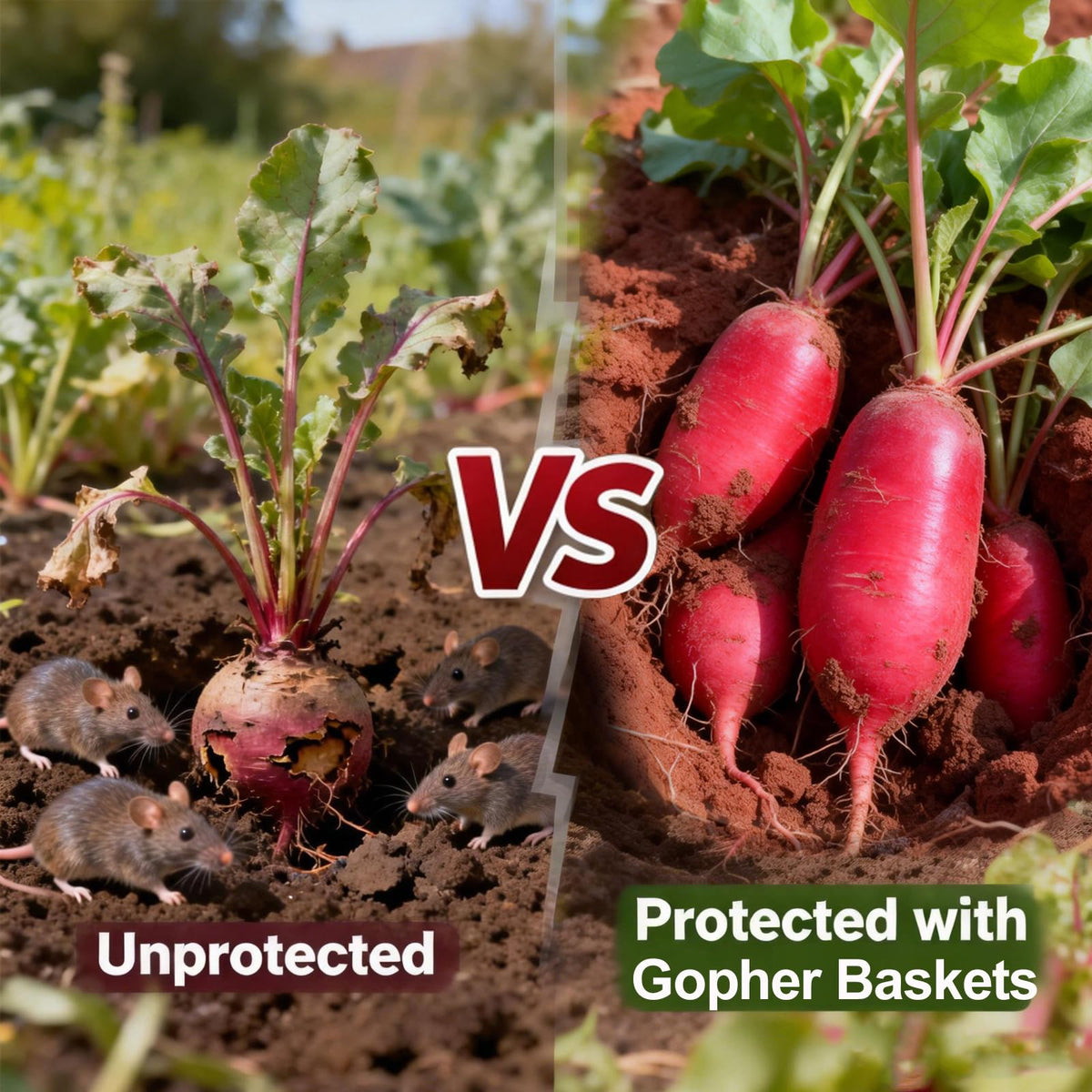 Emycool root-guard baskets protecting garden roots from digging pests.