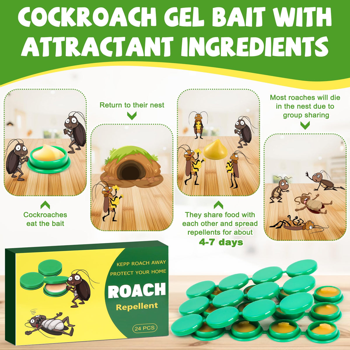 Enbabbor cockroach gel bait bait-station close-up with tape and bait insert.