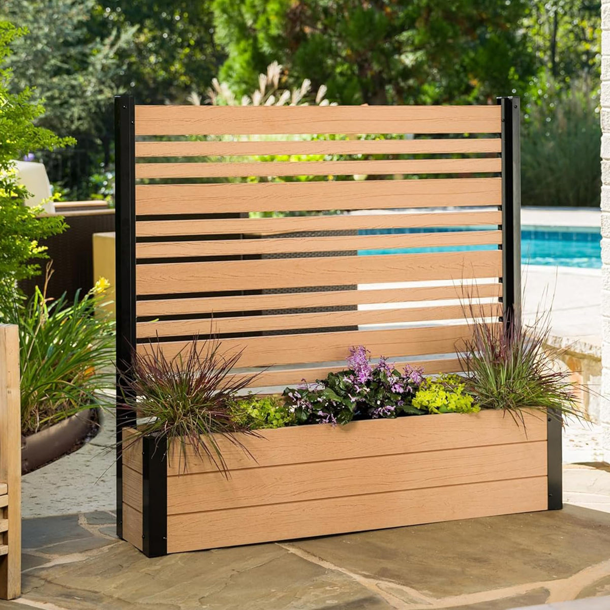 Enclo Florence privacy screen with planter front view blocks wind and enhances outdoor privacy.